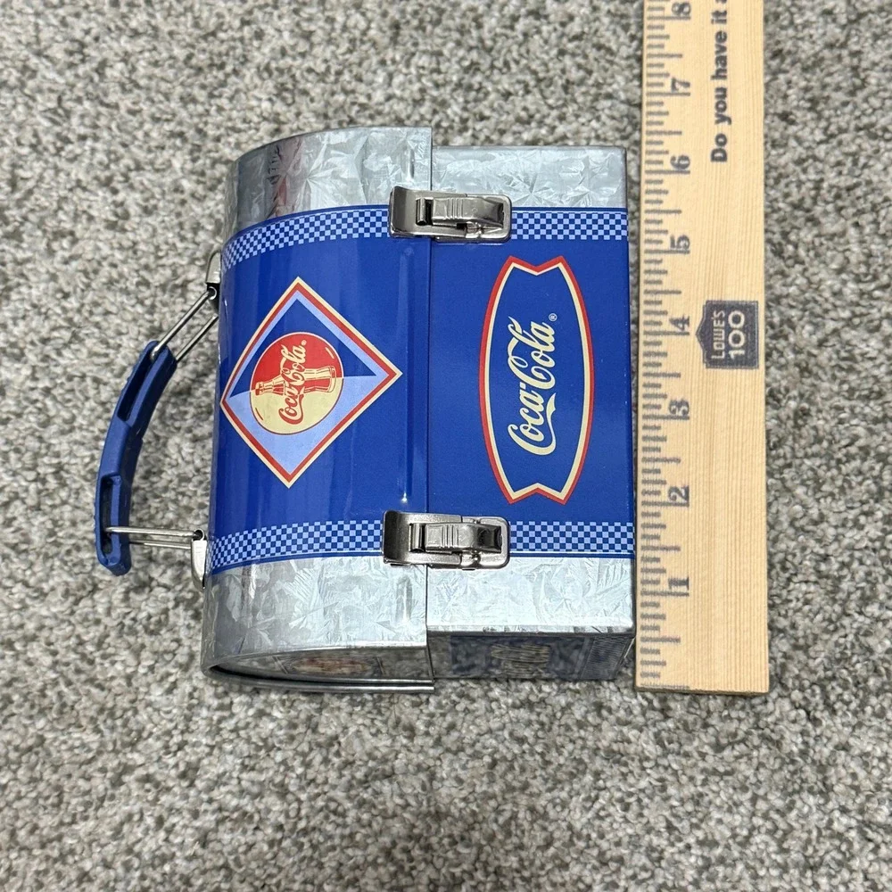 Coca-Cola Workbox Tin Lunch Box Dome Top Metal Latch Blue Silver 6x5x3.25 2002